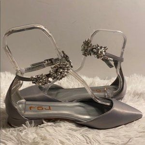 FSJ Silver Satin Rhinestone Ankle Strap Flats 11